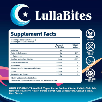 Experience Restful Nights with LullaBites Natural Sleep Gummies - Delicious Strawberry Flavor, Vegan, Sugar-Free, and Formulated with 5-HTP, L-Theanine, Magnesium, and Valerian Root - 60 Gummies for 30 Servings