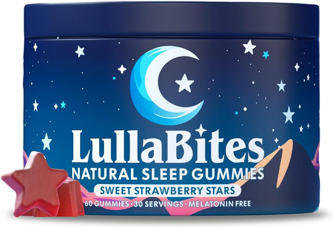 Experience Restful Nights with LullaBites Natural Sleep Gummies - Delicious Strawberry Flavor, Vegan, Sugar-Free, and Formulated with 5-HTP, L-Theanine, Magnesium, and Valerian Root - 60 Gummies for 30 Servings