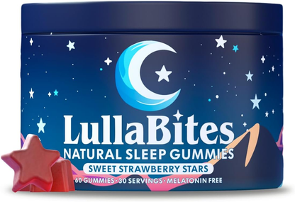 Experience Restful Nights with LullaBites Natural Sleep Gummies - Delicious Strawberry Flavor, Vegan, Sugar-Free, and Formulated with 5-HTP, L-Theanine, Magnesium, and Valerian Root - 60 Gummies for 30 Servings