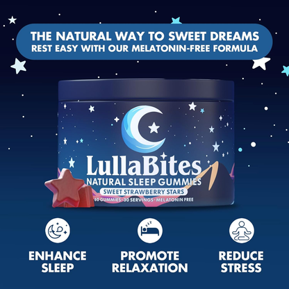 Experience Restful Nights with LullaBites Natural Sleep Gummies - Delicious Strawberry Flavor, Vegan, Sugar-Free, and Formulated with 5-HTP, L-Theanine, Magnesium, and Valerian Root - 60 Gummies for 30 Servings
