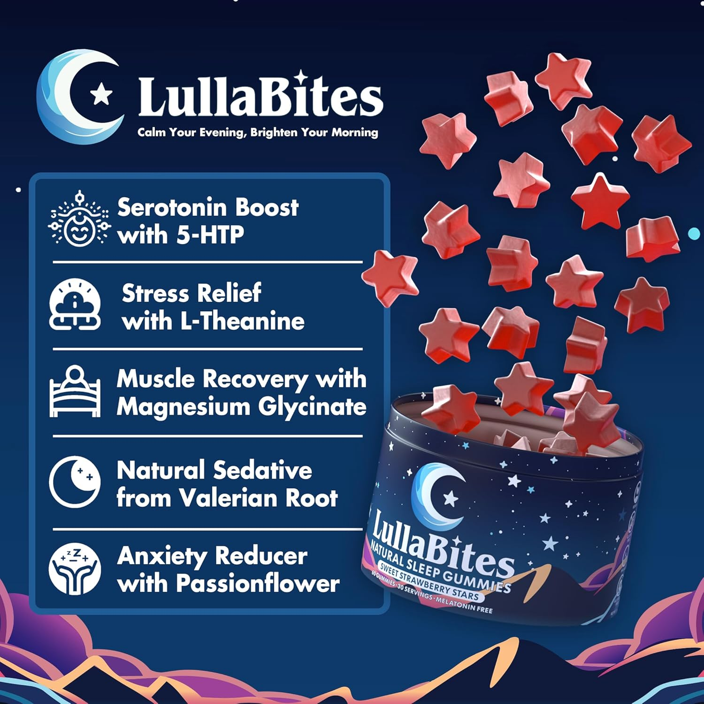 Experience Restful Nights with LullaBites Natural Sleep Gummies - Delicious Strawberry Flavor, Vegan, Sugar-Free, and Formulated with 5-HTP, L-Theanine, Magnesium, and Valerian Root - 60 Gummies for 30 Servings